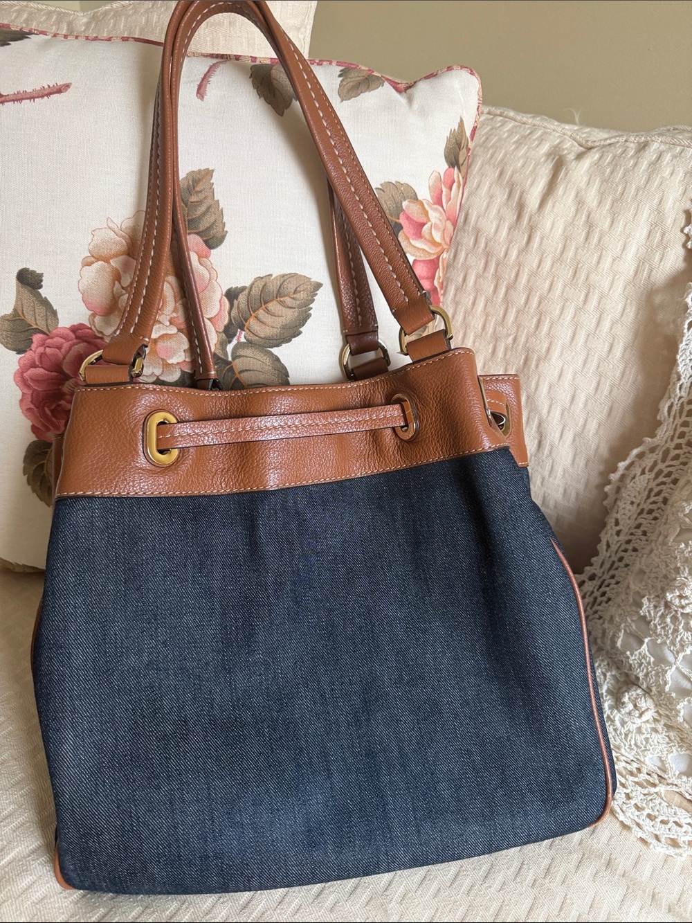 Michael Kors Denim Drawstring Shoulder Bag with Tan Leather Trim - Picture 2 of 3